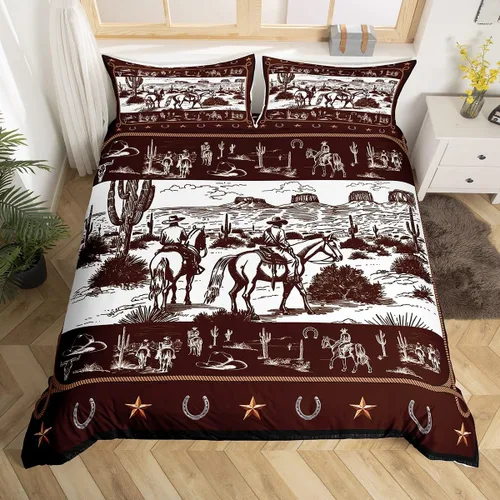 Vista 16 de Manfei Juego de funda de edredón occidental, tamaño individual, juego de ropa de cama de caballo de vaquero de 2 piezas, funda de edredón de cactus