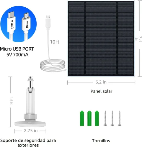 Vista 6 de Panel Solar de 5W de 2 Piezas para Cámara de Seguridad, Panel Solar con Puerto Micro USB y USB-C para Cámara para Exteriores con Batería Recargable