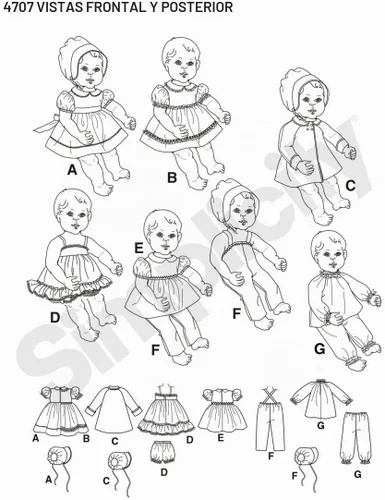 Vista 2 de Simplicity 4707 - Patrón de costura para muñeca de bebé, 18 pulgadas, vestidos vintage y accesorios por Teri, tallas S-L