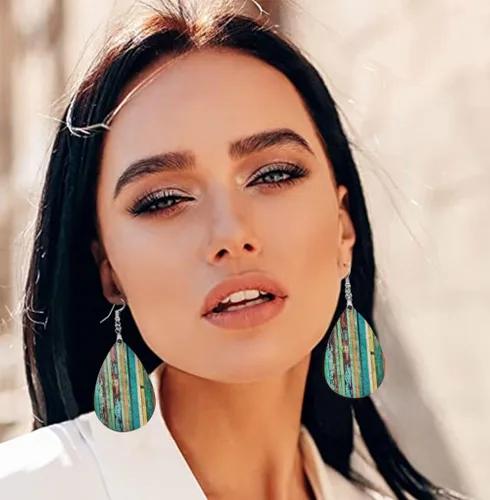 Vista 5 de Aretes de madera vintage para mujeres, adolescentes y niñas, aretes colgantes de lágrima, aretes de hoja de gota, aretes ligeros, juego de joyas