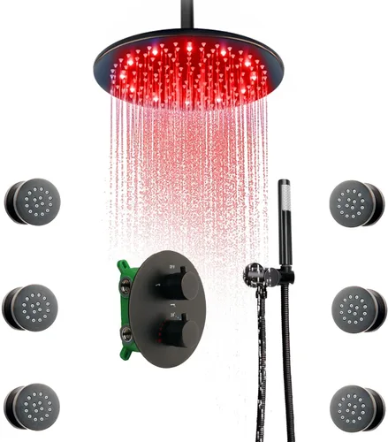 Vista 13 de Cabezal de ducha de lluvia de techo LED redondo de oro cepillado de 10 pulgadas, DULABRAHE termostático para baño, sistema de ducha de lluvia de Oro