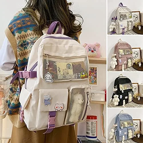 Vista 2 de Mochila kawaii con pin kawaii y accesorios linda mochila kawaii para mochila escolar mochila kawaii para niña linda