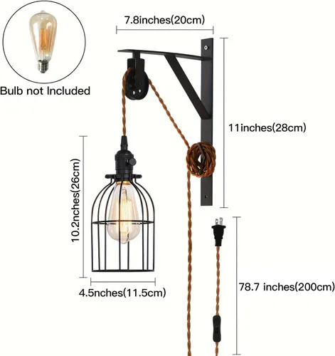 Vista 3 de Lámpara colgante enchufable, lámpara de pared con polea de granja con cable e interruptor de enchufe marrón de 7 pies, lámparas colgantes
