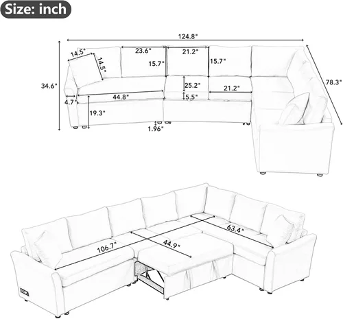 Vista 2 de JIVOIT Sofá cama moderno en forma de L con dos almohadas de respaldo, sofá cama modular de 124.8 pulgadas con cama extraíble, sofá modular Beige 052
