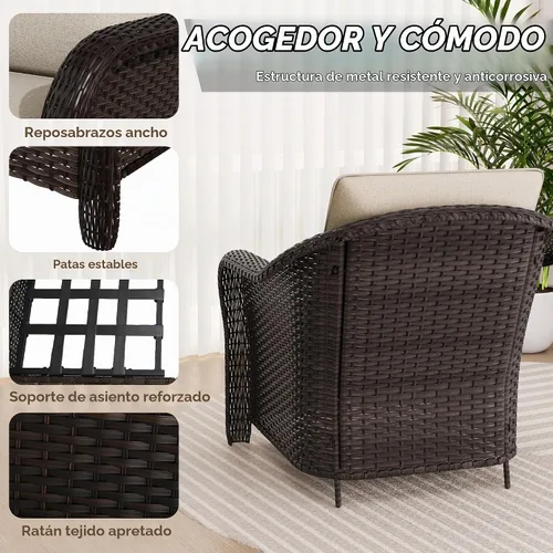 Vista 5 de Juego de muebles de patio de 3 piezas, juego de mimbre para exteriores Beige