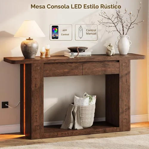 Vista 3 de iPormis Mesa de entrada de 63 pulgadas de largo con 2 cajones de almacenamiento y luces LED, mesa consola estrecha detrás del sofá, mesa de pasillo