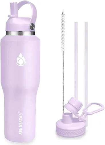 Vista 34 de SENDESTAR - Botella de agua de 0,9 L, 2 tapas (tapa con pajita), boca ancha de acero inoxidable aislada al vacío, doble pared, mantiene los líquidos