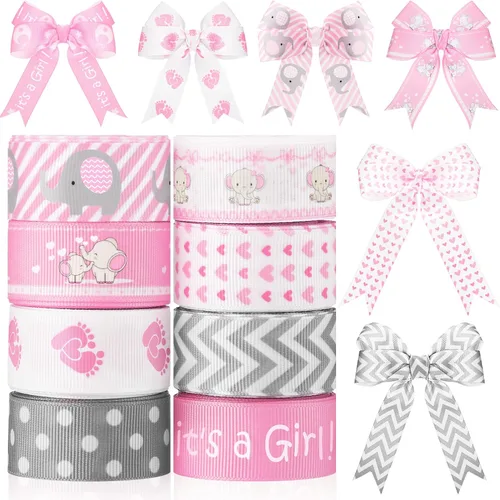 Vista 9 de 8 rollos de cinta de grogrén de elefante para bebé, 7/8 pulgadas, Baby Shower It's a Boy/Girl Foot Print Ribbon para envolver regalos, ducha, Azul
