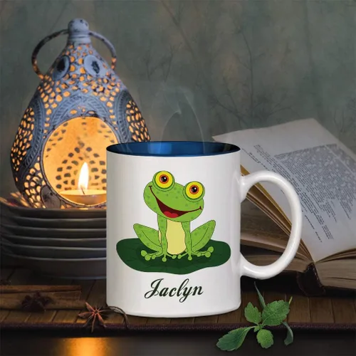 Vista 6 de Texto personalizado personalizado Happy Frog Taza de café de color interior de cerámica Negro