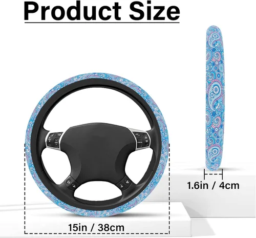 Vista 4 de Funda para volante con patrón bohemio azul, funda protectora para volante con estampado lindo, ultradelgada, transpirable, antideslizante