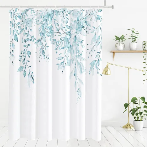 Vista 108 de Tititex - Juego de cortinas de ducha de eucalipto negro, hojas de acuarela gris en la parte superior, con decoración floral de baño, 60 x 72
