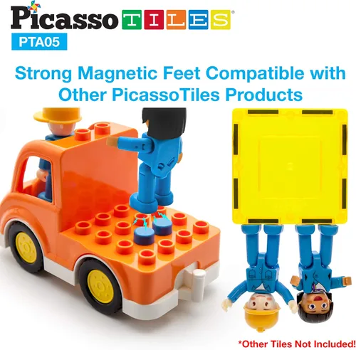 Vista 5 de PicassoTiles Juego de figuras magnéticas de 5 piezas para vehículos y figuras de acción, incluyendo autobús escolar, automóvil, camión y 2