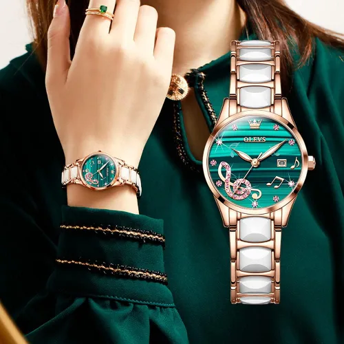 Vista 7 de OLEVS Relojes para mujer, oro rosa, de dos tonos, de moda, de cerámica, blanco, esfera rosa, roja, acero inoxidable, fecha impermeable