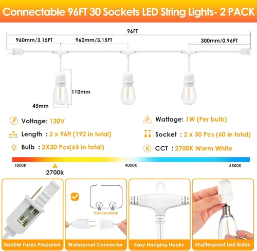 Vista 6 de Paquete de 2 tiras de luces para exteriores de 96 pies con 60+5 bombillas LED de plástico de 2700 K, luces regulables impermeables para fiesta
