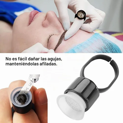Vista 3 de Vasos de anillo de tinta, 50 anillos de pigmento, anillos de pegamento de pigmento de microblading con copas de tinta de esponja, tapas