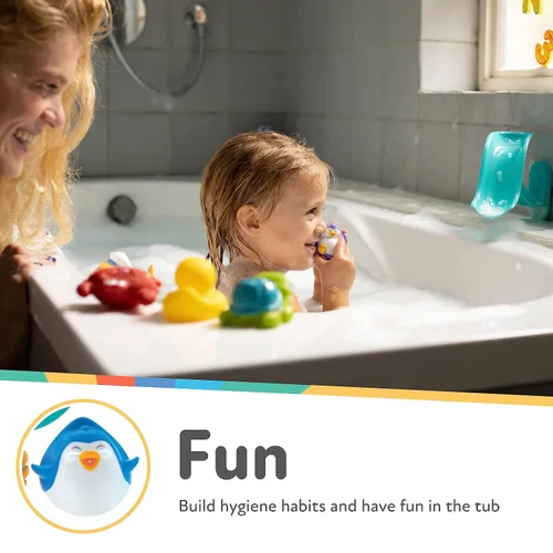 Vista 4 de Nuby Penguin Slide - Juego de juguetes de baño con 4 chorros de baño, juguetes de baño para bebés para niños y niñas de 12 meses en adelante
