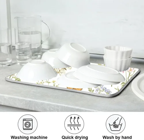 Vista 7 de Tapete de secado de platos con flores botánicas y mariposas para encimera de cocina, absorbente, almohadilla de secado de microfibra, grande 18x24