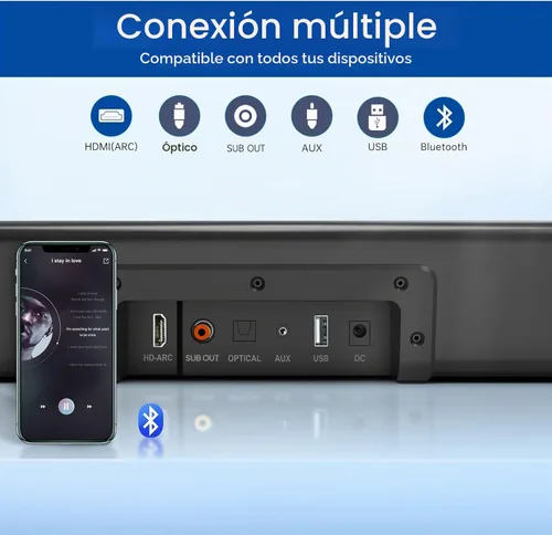 Vista 4 de Barra de sonido, BESTISAN Barra de sonido de 50 vatios con HDMI, óptico, AUX, USB, salida de subgraves y conexión Bluetooth, DSP, bajo ajustable, 16