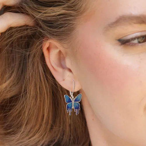 Vista 2 de CHIC ARTSY - Aretes de plata de ley 925 con diseño de mariposa con palanca en la espalda, joyería fina de animales para mujeres, regalos para ella