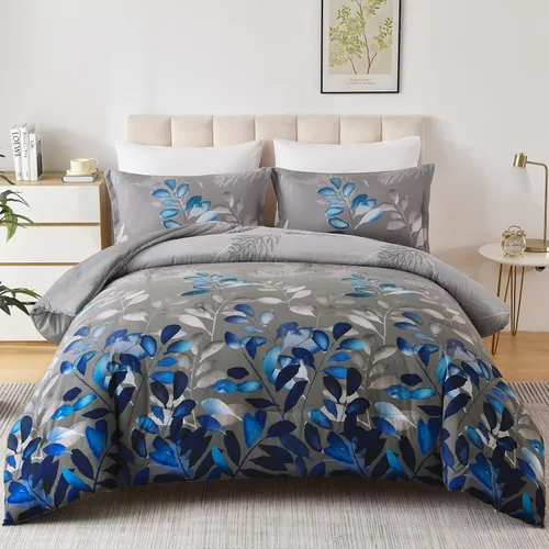 Vista 9 de DJY Juego de edredón beige tamaño Queen, edredón de 3 piezas con hojas botánicas marrones con 2 fundas de almohada, tamaño Queen, juego de edredón