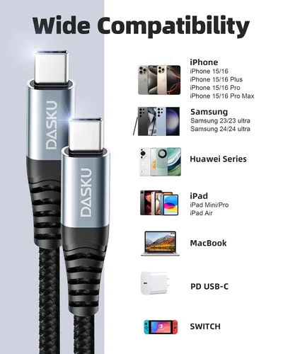 Vista 55 de Dasku iPhone 17 USB C a USB C de carga rápida, 60 W (3.1 A), paquete de 2 cables cargador de carga de 3 pies tipo C para iPhone 17/16/15/15 Plus/15
