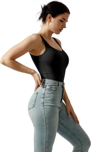 Vista 2 de MOOSLOVER Body sexy de tanga con cuello cuadrado para mujer, sin mangas, sin mangas