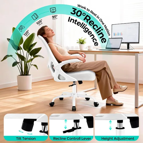 Vista 4 de AreShark Silla de oficina – Silla de escritorio ergonómica de malla transpirable con soporte lumbar ajustable y reposabrazos abatibles – Silla Blanco