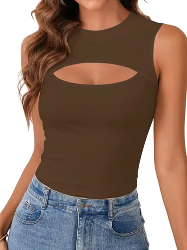 Vista 20 de Vrtige Camiseta sin mangas sexy con cuello redondo para mujer, de punto acanalado, sin mangas, ajustada