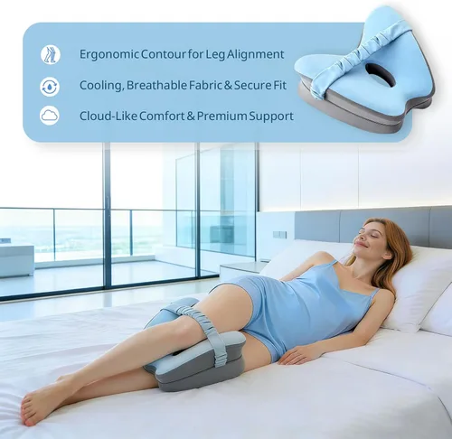 Vista 3 de Almohada de rodilla de espuma viscoelástica para dormir de lado, azul con correa ajustable para alineación de cadera y columna vertebral, alivia