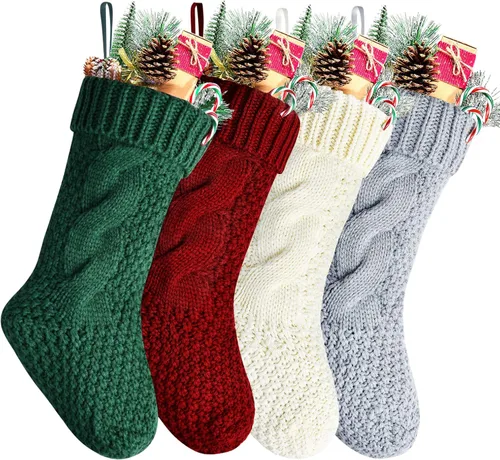 Vista 7 de Calcetines navideños de punto trenzado a granel, color azul, 18 pulgadas, para decoración navideña, paquete de 4