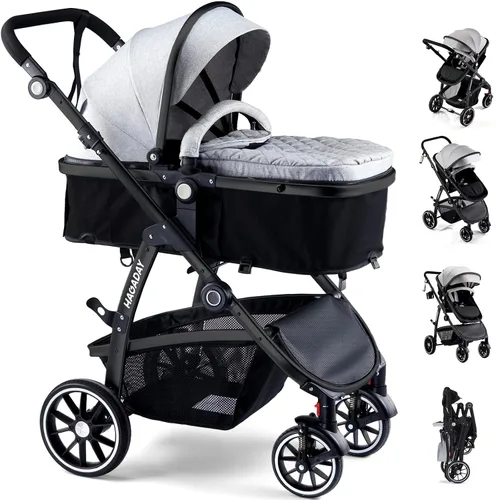 Vista 11 de Hagaday Cochecito de bebé, asiento reversible 2 en 1 para niños pequeños con modo moisés, cochecito infantil plegable con toldo, freno de un botón