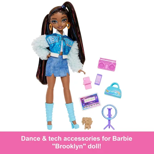 Vista 3 de Set de juego Barbie Dream Besties, muñeca posable Brooklyn con cabello largo negro, 9 accesorios con temática musical