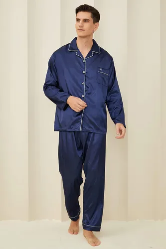 Vista 6 de FENTENG Men's Satin Pajamas Set Long Sleeve Silky Sleepwear Sets Button Down Shirt Top with Long Pants Soft 2 Pcs Lounge Set