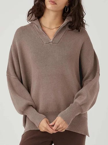 Vista 3 de LOGENE Sudadera de manga larga con cremallera de 1/4 para mujer, suéteres de punto de gran tamaño con abertura lateral, Marrón