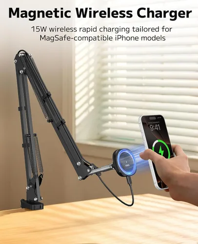 Vista 5 de VRIG - Cargador inalámbrico magnético para escritorio de cama, soporte de mesa articulado flexible, soporte superior compatible con iPhone