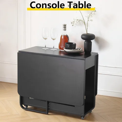 Vista 9 de Mesa de Comedor Plegable con Dos Cajones para 4/6 con Mesa de Hoja Abatible que Ahorra Espacio, Ruedas Bloqueables y Almacenamiento, Superficie