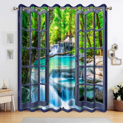 Vista 2 de Cortinas opacas de cascada, impresión 3D, vista de ventana de paisaje natural, cortinas para sala de estar, panel de cortina de río con ojales