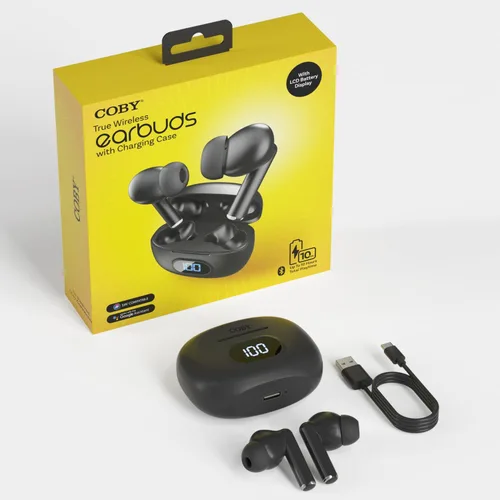 Vista 2 de Coby Auriculares inalámbricos con estuche de carga de lectura de batería LCD, mini auriculares intrauditivos Bluetooth con micrófono integrado, Negro