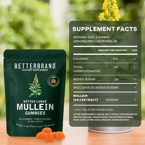 Vista 9 de Betterbrand Mullein - Gomitas masticables para limpieza y desintoxicación pulmonar, suplemento de salud respiratoria, 1000 mg de extracto