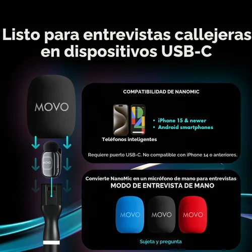 Vista 3 de Movo Kit de micrófono inalámbrico USB-C NanoMic con mango de entrevista, micrófono de entrevista de calle dual para iPhone 15/16/17+, Android y iPad