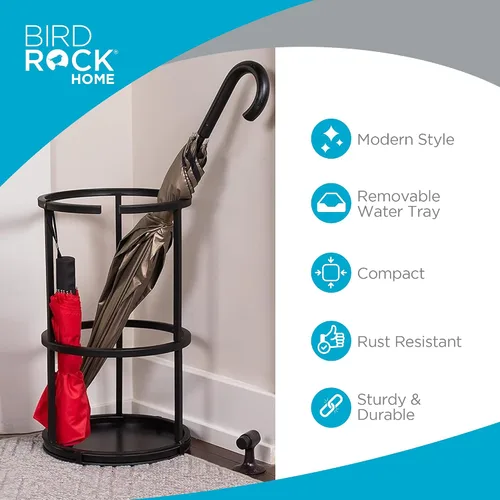 Vista 2 de BIRDROCK HOME Soporte circular para paraguas con bandeja de goteo extraíble - Soporte para sombrillas - Entrada - Organizador decorativo de metal