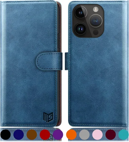 Vista 22 de SUANPOT Funda protectora tipo cartera con función atril para iPhone 15 de 6.1 pulgadas, con soporte para tarjetas de crédito RFID, funda de piel