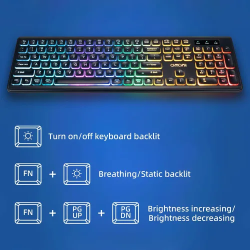 Vista 5 de Combo de teclado y mouse inalámbricos, teclado y mouse recargables con luz LED arcoíris de 2.4 GHz, mouse silencioso y teclado para Mac, Windows