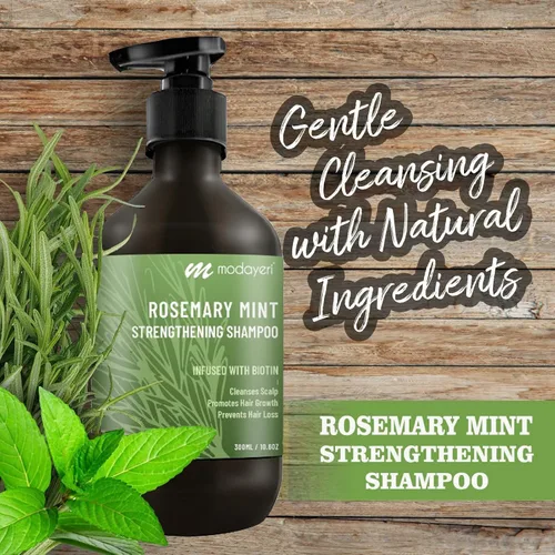 Vista 2 de Champú fortalecedor de menta y romero con biotina, proporciona nutrición y salud del cuero cabelludo, limpia y ayuda a fortalecer el cabello, 10.14