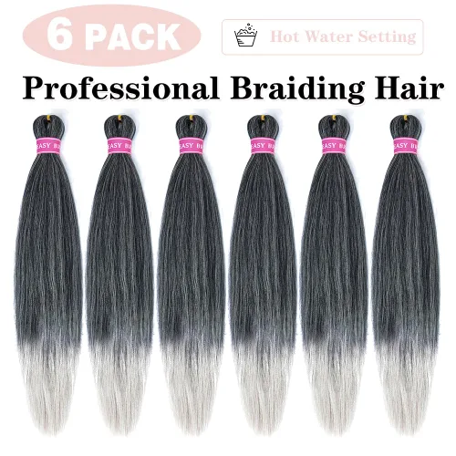Vista 3 de Cabello para trenzar preestirado plateado, 20 pulgadas, 6 paquetes de extensiones de cabello trenzado Ombre preestiradas para mujeres, fibra