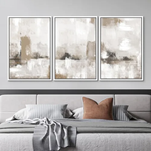 Vista 188 de SIGNFORD - Set de obras de arte en lienzo enmarcado para pared, ilustraciones abstractas de neblina del desierto en tonos neutros beige y marrón