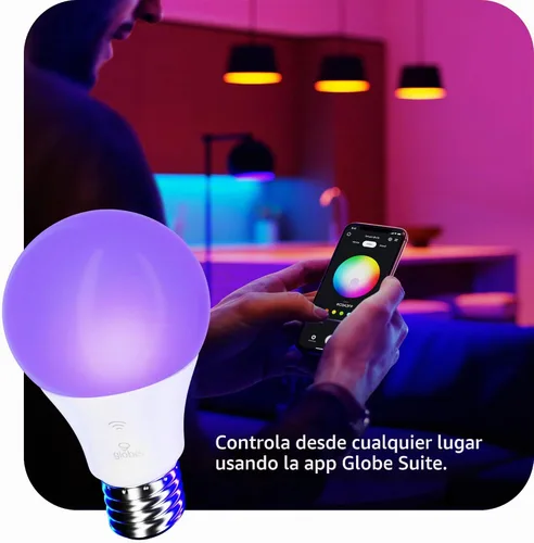 Vista 2 de Bombilla LED Wi-Fi inteligente GLOBE Electric de 10W, RGB multicolor + blanco ajustable 2000K–5000K, forma A19, base E26, control por aplicación +