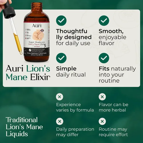 Vista 7 de Auri Elixir líquido de melena de león - Suplementos cerebrales para la memoria y la concentración con hongos funcionales - Suplemento de melena