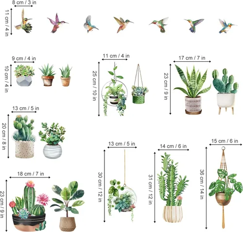 Vista 4 de Wondever Pegatina de cristal de colibríes, cactus botánico tropical, plantas colgantes, anticolisión, doble cara, estáticas para ventana