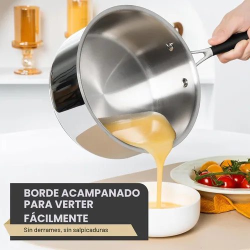 Vista 6 de MICHELANGELO Triply - Cacerola de acero inoxidable con tapa, 6 piezas, sartén de acero inoxidable con mango de baquelita, juego de cacerolas